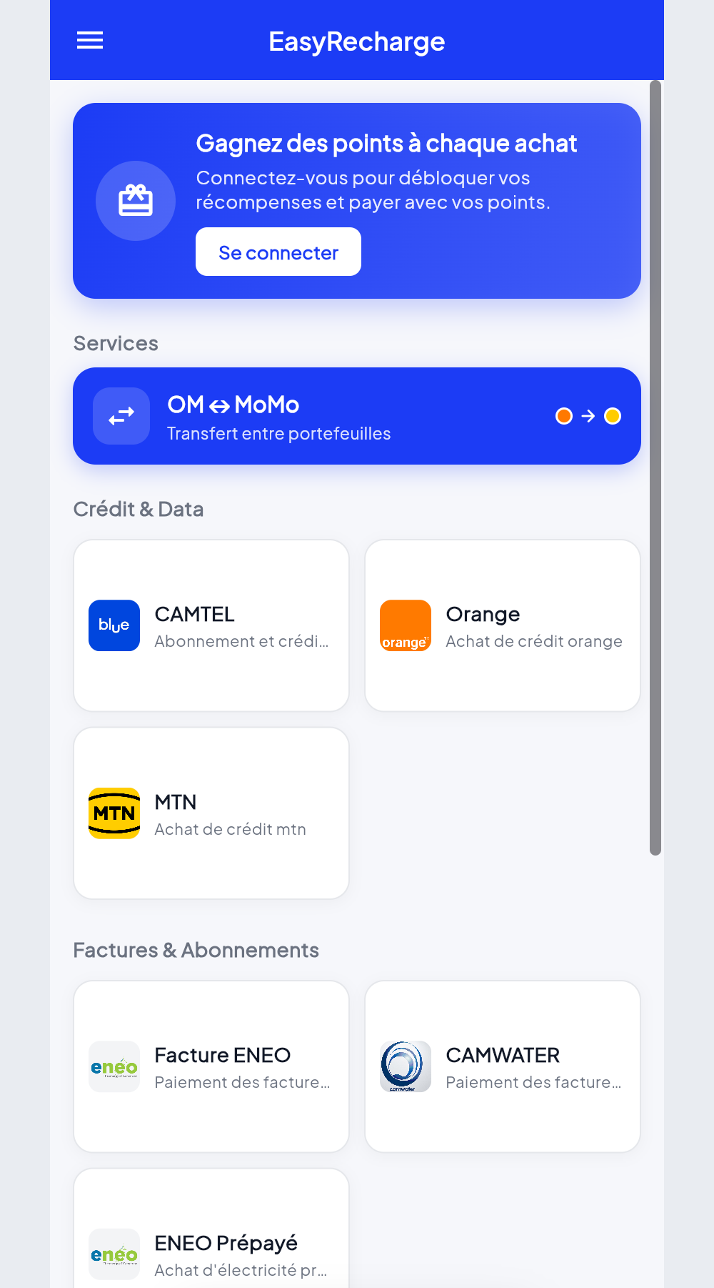 Plateforme de recharge & factures